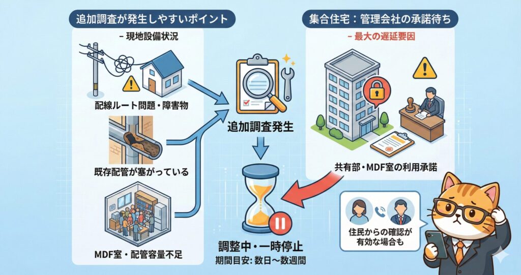 **追加調査が必要になる原因として、配線ルートの障害物や既存配管の詰まり、MDF室の容量不足が示され、調整中は工事が一時停止し、集合住宅では管理会社の承諾待ちが最大の遅延要因となる状況を解説する図。**
