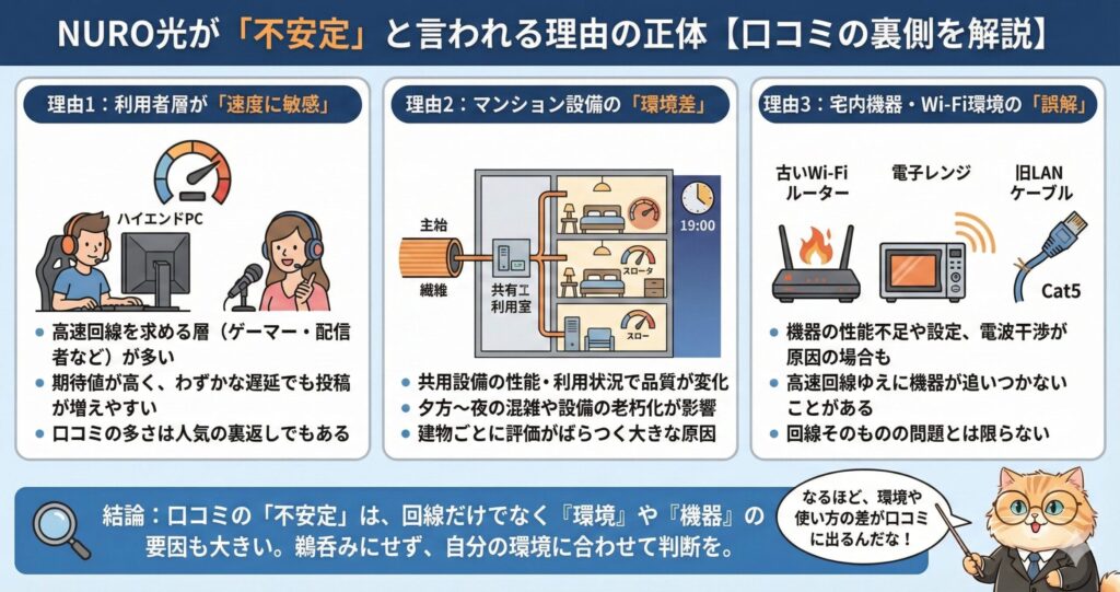 NURO光(一体型サービス)と他社回線(フレッツ光など、分離型サービス)の構造的な違いを比較したフローチャート図