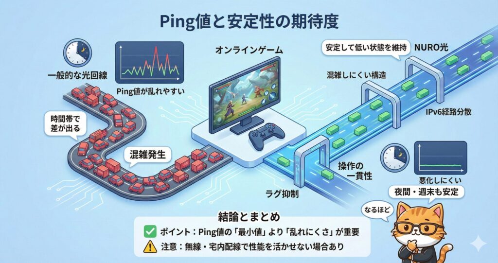 一般的な光回線とNURO光を比較し、混雑によるPing値の乱れと安定性の違いがゲーム体験に与える影響を示した図解
