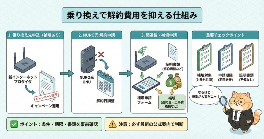 NURO光から他社回線へ乗り換える際に、解約費用を補填キャンペーンで抑える手順と注意点を整理した図解
