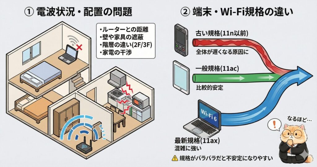 電波状況と端末規格の違いが速度低下に与える影響を説明する図。階層差・壁や家電による干渉で電波が弱まる様子と、古いWi-Fi規格（11n以前）が全体の速度を引き下げる仕組み、一般規格（11ac）、最新規格（Wi-Fi6/11ax）の安定性の違いが示されている。
