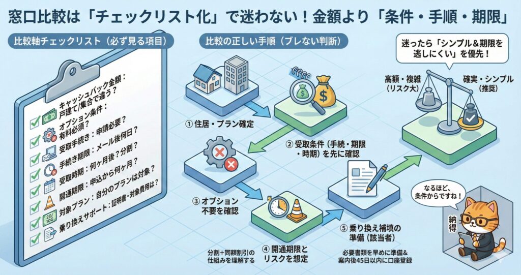 キャッシュバック窓口比較をチェックリスト化し、金額より条件・手順・期限を優先して迷わず判断する流れを示した図解。
