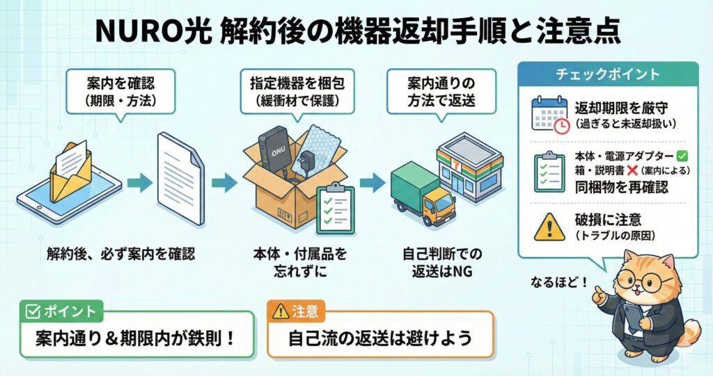 NURO光解約後のONUなどレンタル機器を、案内確認から梱包・指定方法で返送するまでの手順と期限・同梱物・破損注意点をまとめた図解
