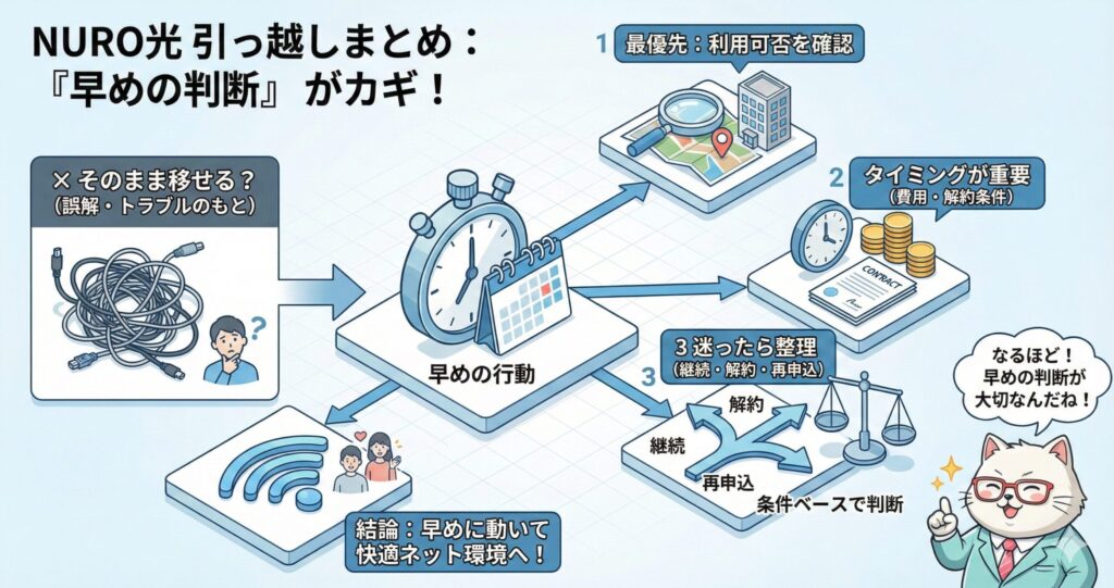 NURO光の引っ越し時に、利用可否の確認・解約タイミング・継続や再申込の判断を早めに行う重要性をまとめた総まとめ図解
