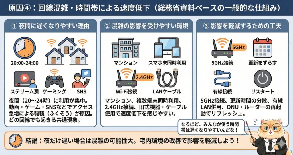 NURO光が夜間に遅くなる主な原因「回線混雑」の仕組みと、家庭でできる3つの対策(5GHz利用・有線LAN・再起動)をまとめた図解
