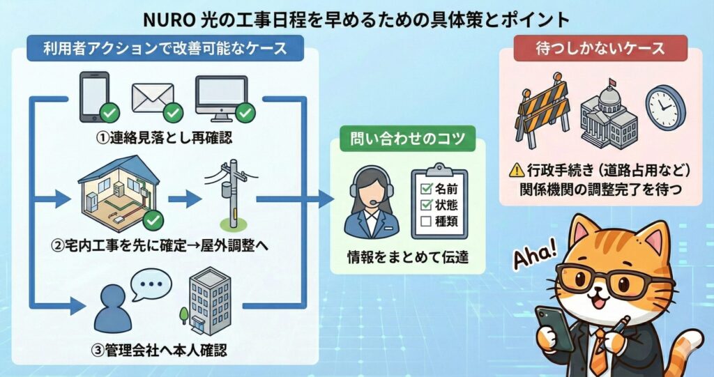 **NURO光工事を早めるためのポイントとして、連絡見落としの再確認・宅内工事の先行実施・管理会社への確認など利用者が改善できるケースと、行政手続きが必要で待つしかないケースを図解した説明画像。**
