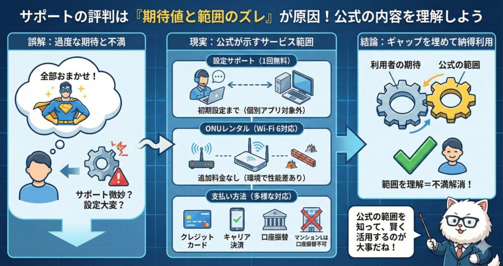 NURO光のサポート評価は期待値と公式サポート範囲のズレが原因で、初期設定サポート・ONUレンタル・支払い方法など公式対応範囲を理解すれば不満を防げることを解説した図解
