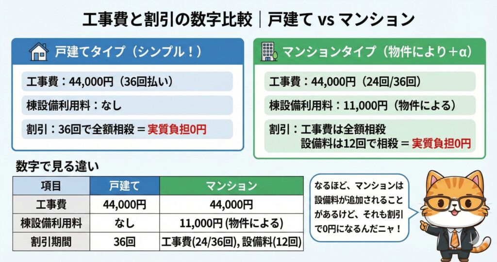 NURO光の工事費と割引の仕組みにおける戸建てとマンションの違いを比較した図解。戸建ては工事費44,000円(36回分割)のみだが、マンションは物件により棟設備利用料11,000円が追加発生するケースがある。ただし、どちらも分割割引によって実質負担額は0円になるという結論と、割引回数の違い(36回 vs 24回など)をまとめた表