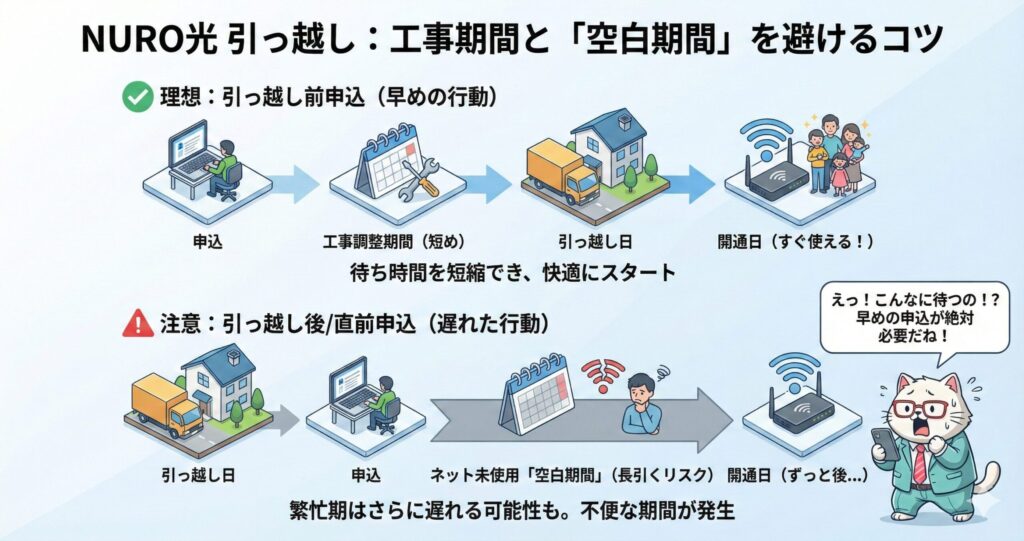 NURO光の引っ越しで工事期間とネット未使用の空白期間を避けるため、早めの申込と遅れた場合の流れを比較した図解
