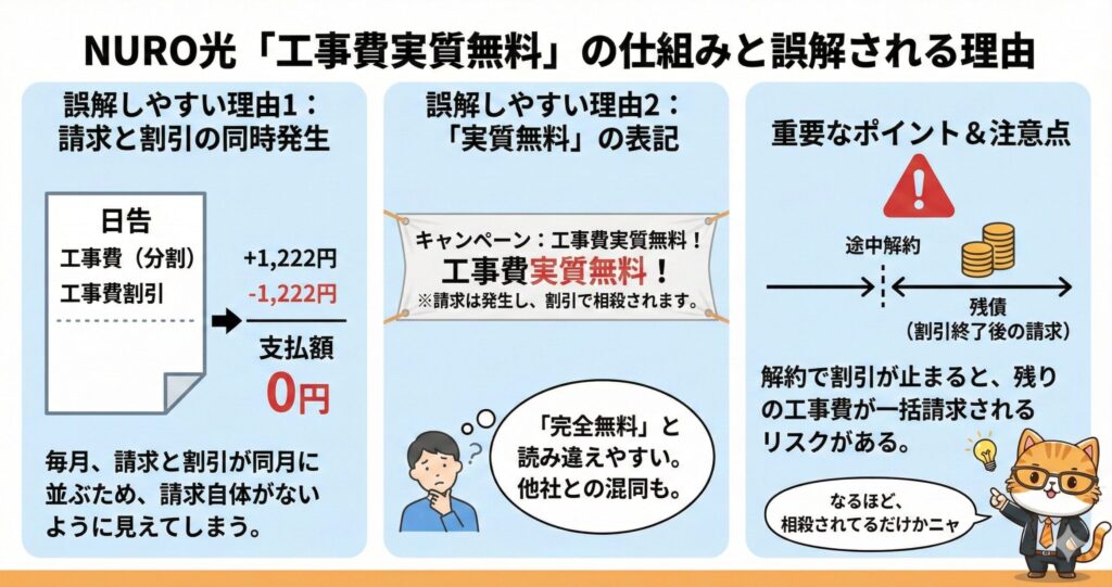 NURO光の工事費実質無料の仕組みと誤解される理由の解説図解。請求額と割引額が同時に発生して相殺される「実質0円」の構造や、完全無料との違い、途中解約時に割引が停止して残債が一括請求されるリスクについての注意喚起まとめ