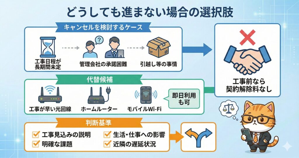 NURO光の工事が進まない場合の選択肢を示し、キャンセル判断基準や代替回線候補、工事前解約の注意点をまとめた図解
