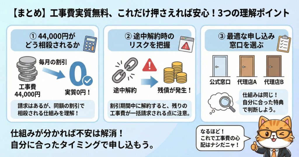 NURO光の工事費実質無料の仕組みに関する最終まとめ図解。①工事費44,000円が毎月の同額割引で実質0円になる仕組み、②途中解約時に残債が一括請求されるリスク、③公式や代理店など自分に合った最適な申し込み窓口を選ぶ重要性、の3点を解説。仕組みを理解して不安を解消するための結論ガイド