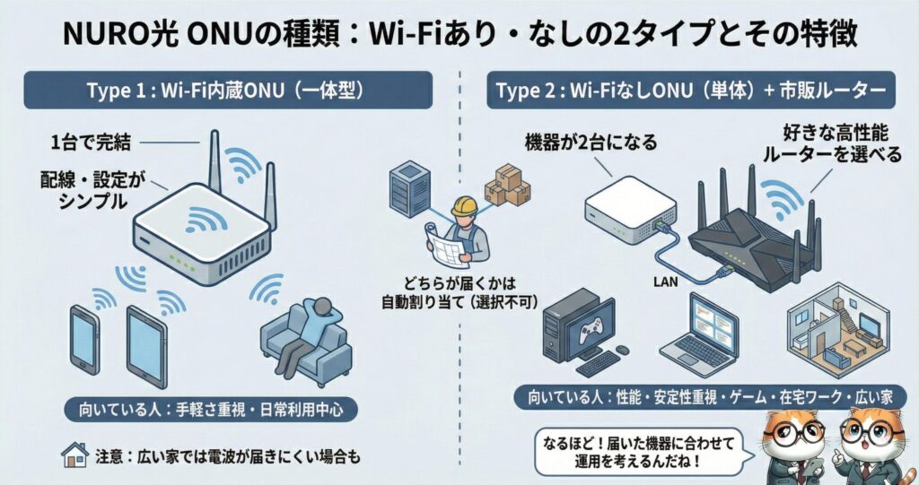 NURO光のONUがWi-Fi内蔵型と単体＋市販ルーター型の2種類あることを示し、設定の手軽さや性能重視など利用シーンに応じた特徴と、自動割り当てで選択不可である点を説明する図解。