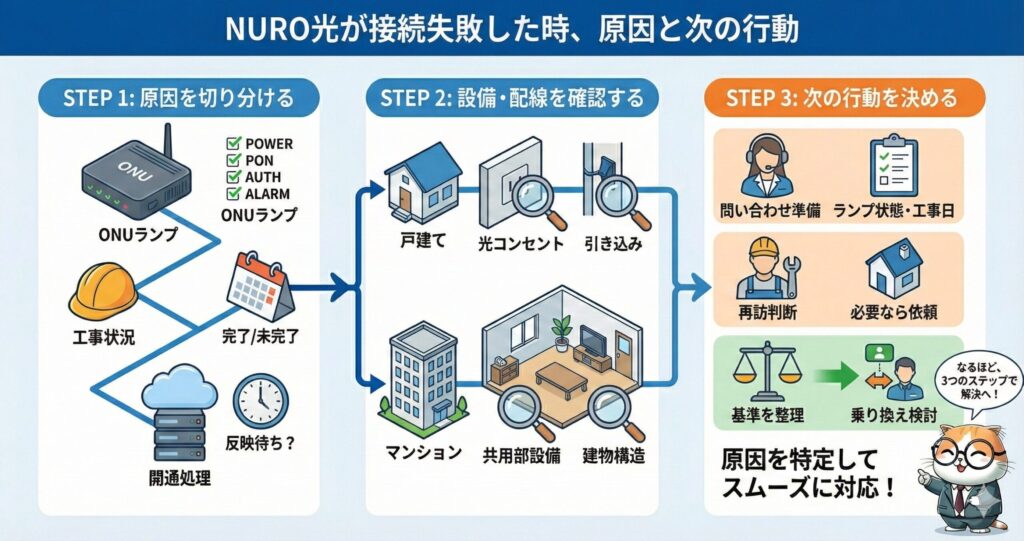 NURO光が接続失敗した際に確認すべき内容を3ステップで整理した図。STEP1ではONUランプや工事状況、開通処理反映待ちを確認。STEP2では戸建て・マンション別に光コンセントや引き込み、共用部設備、建物構造を点検。STEP3では問い合わせ準備、再訪判断、必要な依頼、乗り換え検討など次の行動を決める流れを示している。