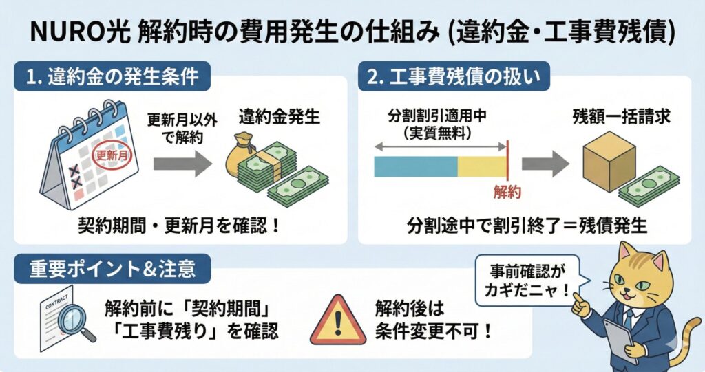 NURO光解約時に発生する違約金と工事費残債の仕組みを図解で説明したインフォグラフィック
