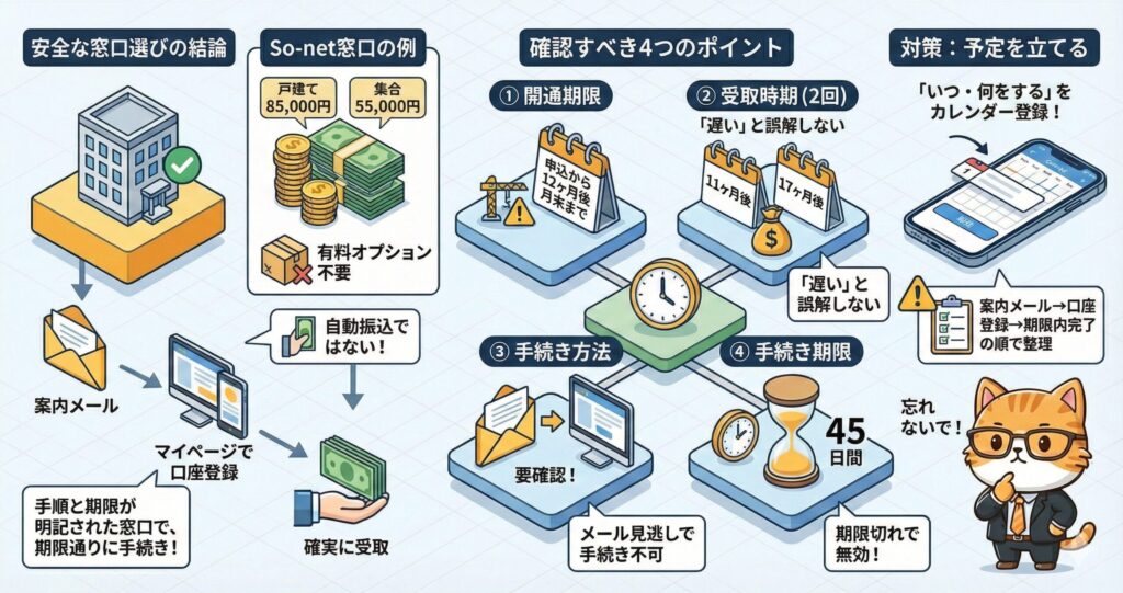 So-net窓口でのキャッシュバック受取手順と、開通期限・受取時期・手続き方法・期限の4ポイントを確認し、予定管理で確実に受け取る流れを解説した図解。
