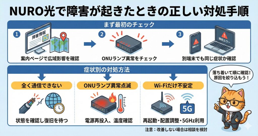 NURO光の障害発生時に確認すべき手順を、案内ページ確認・ONUランプ異常確認・複数端末の症状確認と、通信不可・ONU異常・Wi-Fi不安定の対処法に分けて示した図解。