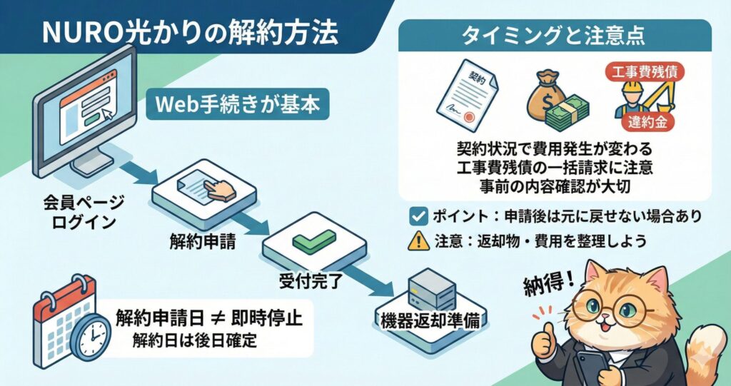 NURO光の解約方法をWeb手続きの流れと、違約金や工事費残債など解約時のタイミングと注意点とあわせて解説した図解
