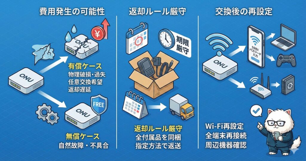 ONU交換に関する費用の有無、返却ルール、交換後のWi-Fi再設定手順をまとめた説明図。
