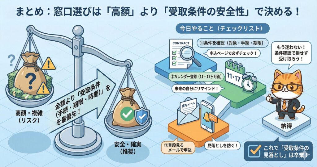 窓口選びは高額特典より受取条件の安全性を重視すべきことを示す図解。金額より手続き・期限・時期の明確さを優先し、条件確認、11・17か月後のカレンダー登録、普段使うメールでの申込をチェックリストで整理して確実に受け取る流れを説明。
