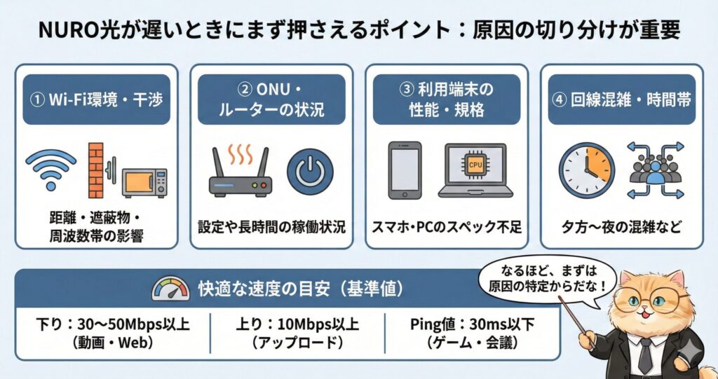 NURO光が遅いときにまず確認すべき4つの原因(Wi-Fi環境・ONU・端末性能・回線混雑)と快適な速度の目安をまとめた図解チャート