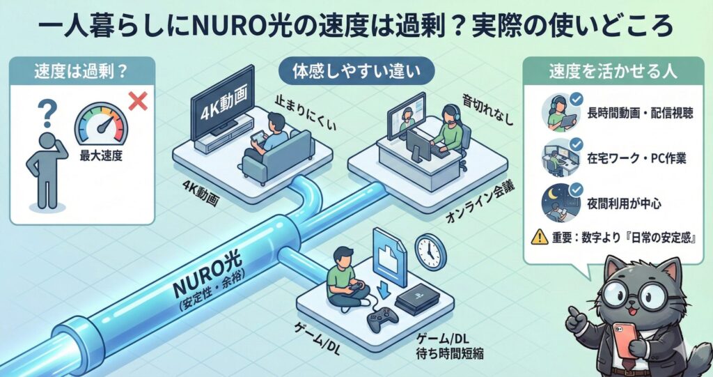 一人暮らしでNURO光の速度が過剰かどうかを解説した図解。4K動画視聴やオンライン会議、ゲームやダウンロードで通信が止まりにくく、安定性と余裕を体感しやすいことを示し、長時間動画視聴・在宅ワーク・夜間利用が多い人ほど高速回線のメリットを活かせる点を説明している。
