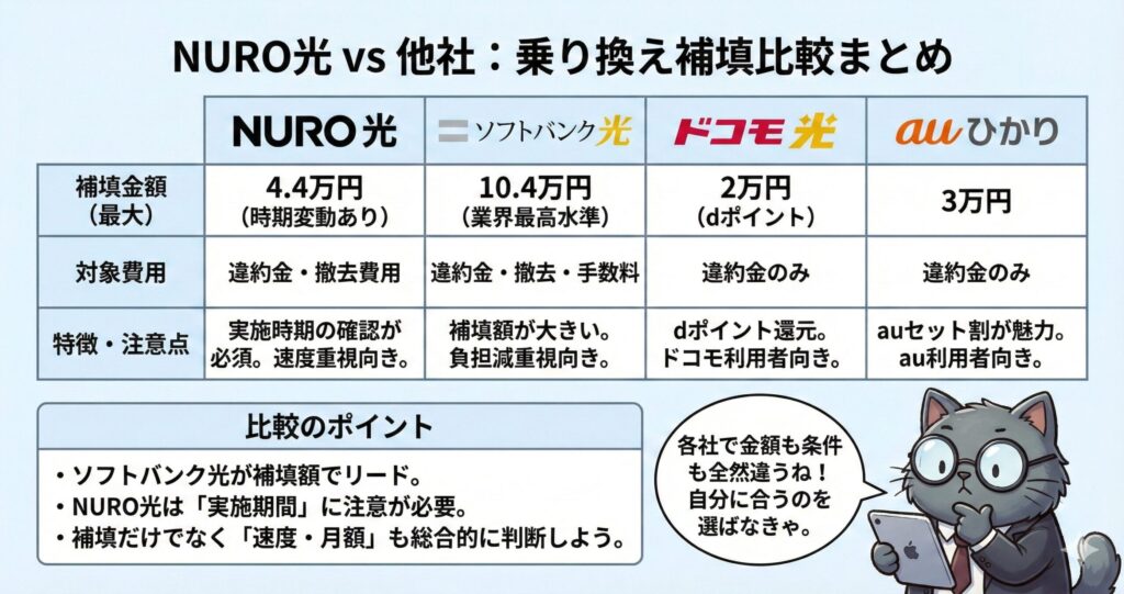 NURO光と他社(ソフトバンク光・ドコモ光・auひかり)の乗り換え時の違約金補填(還元)比較表。NURO光は最大4.4万円(時期変動あり)で違約金・撤去費をカバー。対してソフトバンク光は最大10.4万円と高額、ドコモ光はdポイント2万円、auひかりは3万円還元。NURO光は実施期間の確認が必要だが、速度重視の人に向いているという選び方のまとめ
