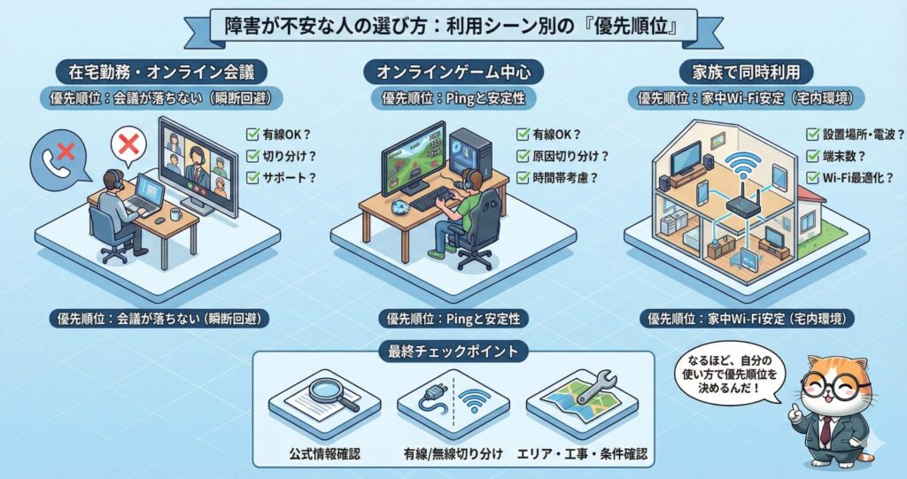 在宅勤務・オンライン会議、オンラインゲーム、家族同時利用など利用シーン別に、通信障害が不安な人向けの回線選び優先順位とチェックポイントを整理した図解。
