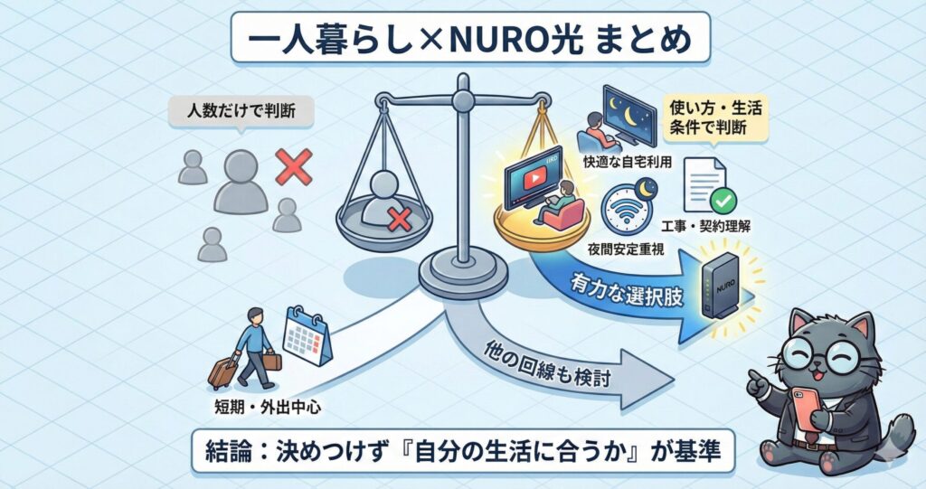 一人暮らしでNURO光を選ぶ判断基準を、人数ではなく生活スタイル・利用シーン・工事条件で整理し、夜間の安定通信や自宅利用重視なら有力な選択肢になることを示すまとめ図。
