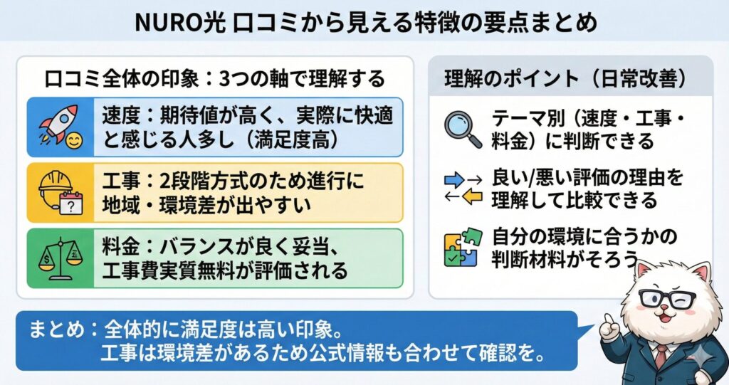 NURO光 口コミから見える特徴の要点まとめ。速度への満足度が高く、料金バランスも良い。ただし、工事は2段階方式で地域・環境差が出やすい。猫のキャラクターが説明している図。