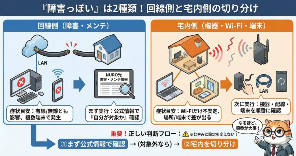 回線側（NURO光の障害・メンテ）と宅内側（Wi-Fi・機器・端末）の2種類に分けて、「障害っぽい」症状の切り分け方と正しい確認手順（まず公式情報→対象外なら宅内確認）を示した図解。
