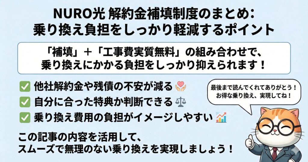 NURO光 補填申請で失敗しないための最重要チェックポイント図解。必須の解約証明書と記載事項、自動適用ではないこと、NGケース（書類不備、タイミングのずれ、名義不一致）を解説。