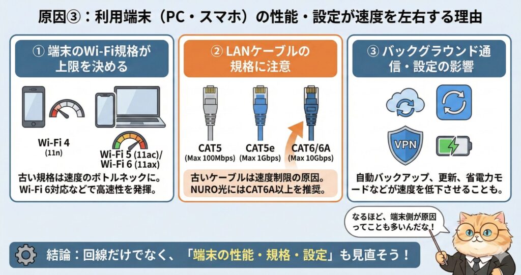 NURO光が遅い原因が端末(PC・スマホ)にある場合の3つのチェックポイント(Wi-Fi規格・LANケーブルカテゴリ・バックグラウンド設定)を解説した図解