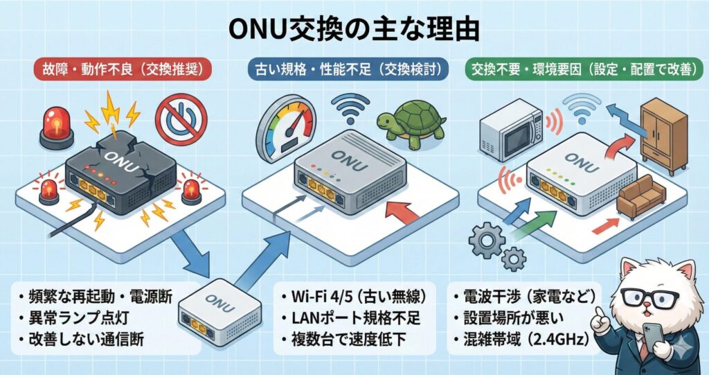 ONUの交換が必要な故障ケース、古い規格による性能不足、環境改善で解決できるケースを3分類で示した説明図。