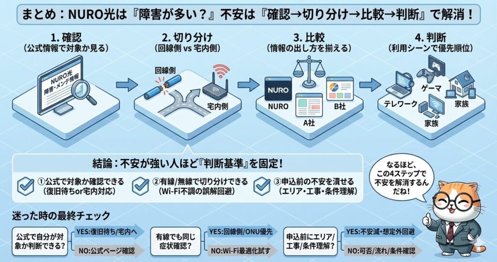 NURO光の「障害が多い？」という不安を、①公式情報の確認→②回線側と宅内側の切り分け→③他社との情報比較→④利用シーン別の判断、という4ステップで整理・解消する流れをまとめた図解。
