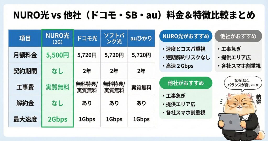 NURO光（戸建て）と主要3社（ドコモ光・ソフトバンク光・auひかり）の料金・特徴比較表。月額5,500円・契約期間なし・最大2GbpsのNURO光に対し、他社は月額5,720円・2年契約・1Gbps。速度とコスパ重視ならNURO光、エリアや工事急ぎなら他社がおすすめという選び方の結論まとめ