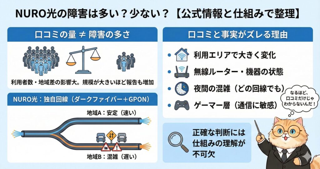 NURO光の障害に関する『口コミの多さ』と『実態』のズレを解説した図。地域差や機器の状態、利用者層(ゲーマー)などの要因により、口コミと事実が異なる理由を仕組みから説明している
