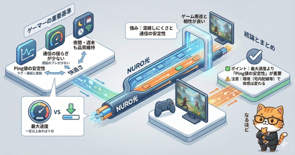 ゲーマー向けにPing値の安定性や通信の揺らぎの少なさを重視し、NURO光がゲーム用途に向いている理由を図解したイラスト
