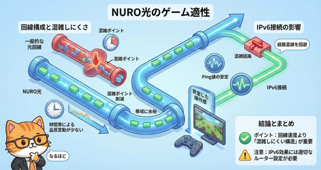 NURO光の回線構成やIPv6接続によって混雑を回避し、Ping値の安定性とゲーム操作の快適さを保つ仕組みを解説した図解
