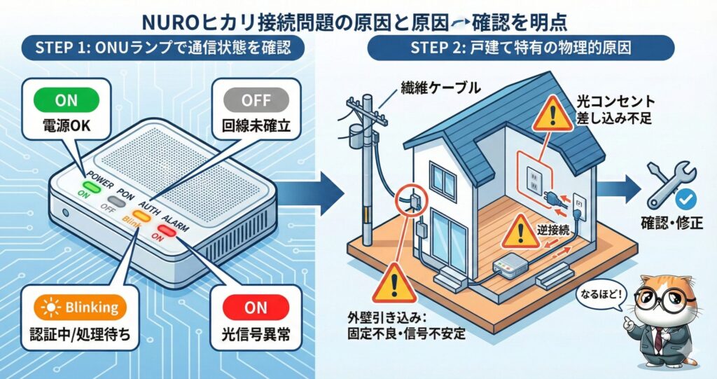 NURO光の接続問題をランプ表示で確認する手順を解説した図。ONUのPOWER・PON・AUTH・ALARMの状態から回線未確立や認証待ち、光信号異常を判別し、戸建て特有の外壁配線の固定不良や光コンセント差し込み不足、逆接続など物理的要因の確認・修正ポイントを示している