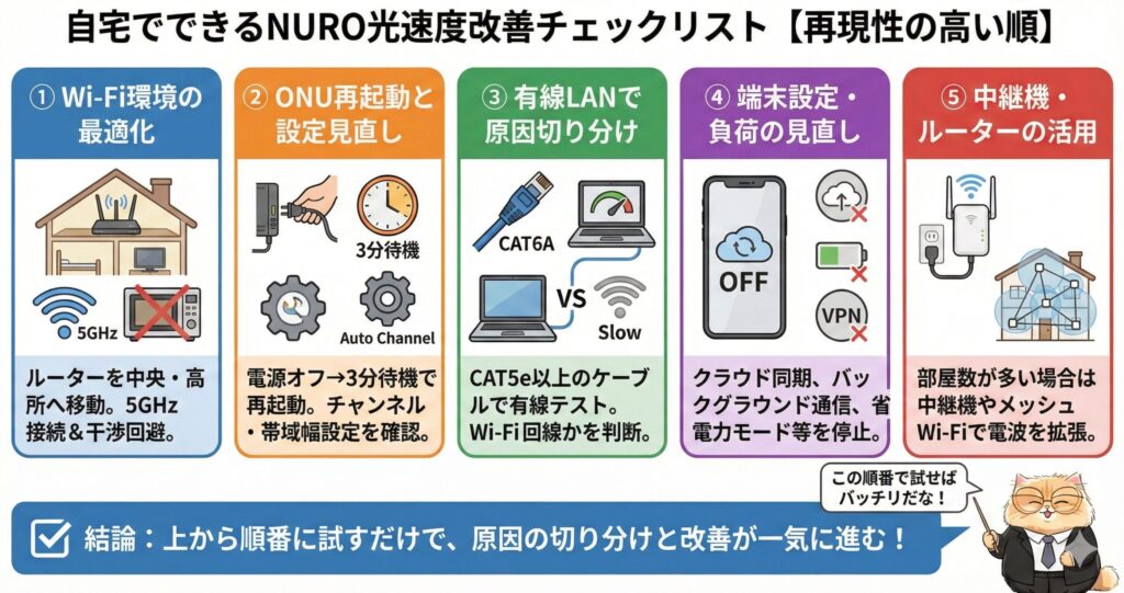 自宅でできるNURO光の速度改善チェックリスト|再現性が高い順に5つの対策(Wi-Fi環境・ONU再起動・有線LANテスト・端末設定・中継機活用)をまとめた図解