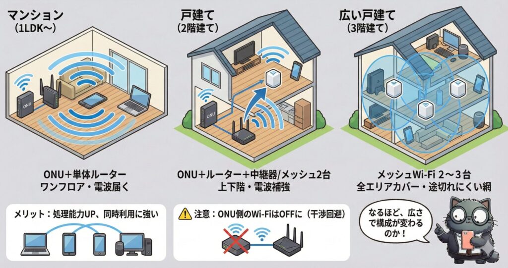マンション・戸建て・広い戸建てそれぞれで最適なWi-Fi構成(ONU+ルーター、中継器、メッシュWi-Fi)の違いと要点を比較した図。