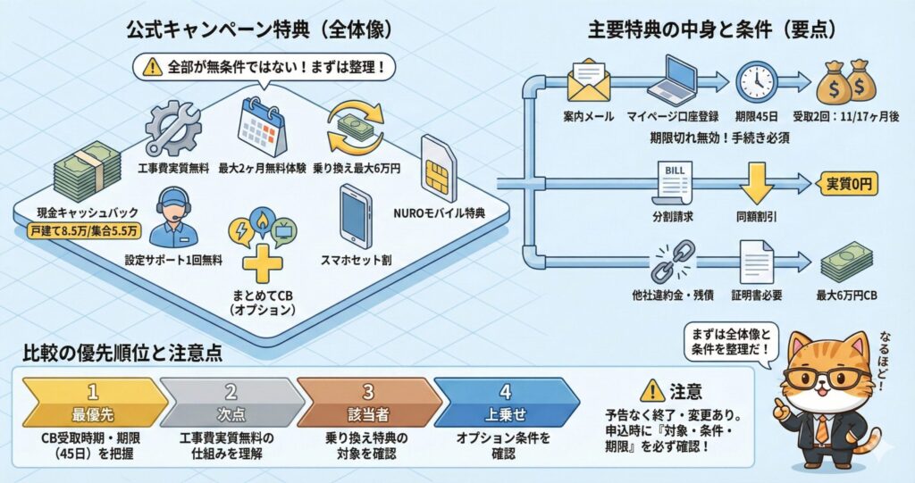 NURO光の公式キャンペーン特典の全体像と、キャッシュバック条件・受取手順・期限（45日）・注意点を整理した図解。
