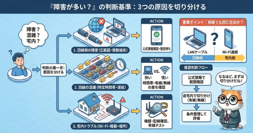 NURO光で「障害が多い？」と感じたときに、回線障害・回線混雑・宅内トラブルの3原因を切り分ける判断基準と確認手順を解説した図解。
