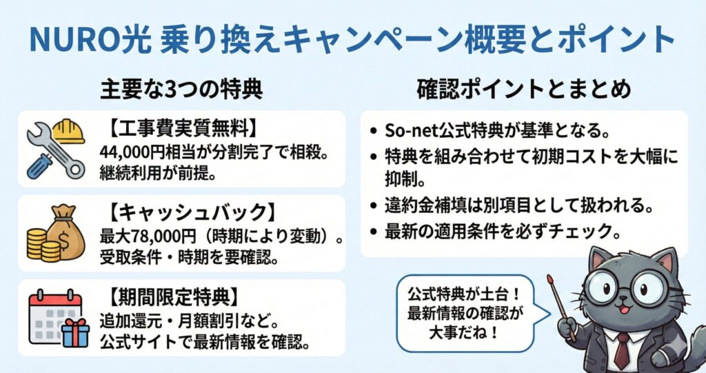NURO光と他社(ソフトバンク光・ドコモ光・auひかり)の乗り換え時の違約金補填(還元)比較表。NURO光は最大4.4万円(時期変動あり)で違約金・撤去費をカバー。対してソフトバンク光は最大10.4万円と高額、ドコモ光はdポイント2万円、auひかりは3万円還元。NURO光は実施期間の確認が必要だが、速度重視の人に向いているという選び方のまとめ