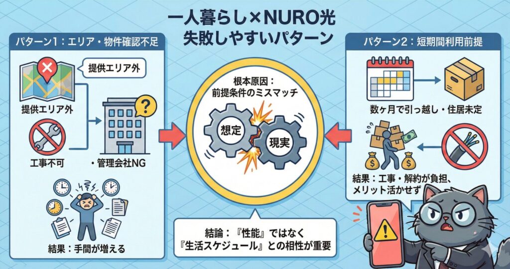 一人暮らしでNURO光を選ぶ際の失敗パターンを解説する図解で、提供エリア外や工事不可など事前確認不足、短期間利用前提による工事費・解約負担が原因となり、想定と現実のミスマッチが起きやすく、性能より生活スケジュールとの相性が重要であることを示している。
