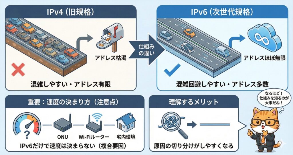 IPv4とIPv6の仕組みの違いを道路やアドレス枯渇の例で説明し、混雑しやすい旧規格と混雑回避しやすい次世代規格の特徴、速度は宅内環境も影響する点、原因切り分けのメリットを示した図解。