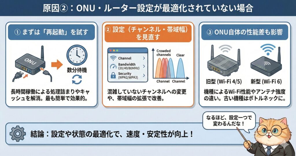 NURO光の速度改善策としてONU・ルーター設定を最適化する3つの手順(再起動、チャンネル・帯域幅の見直し、Wi-Fi6対応機種への交換)を解説した図解