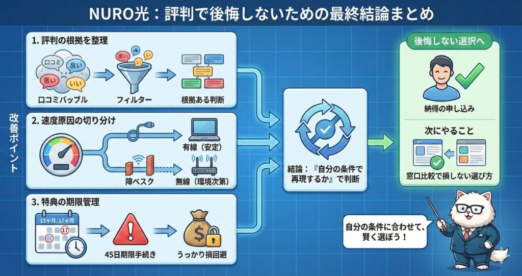 NURO光の評判で後悔しないために、口コミの取捨選択、速度低下の原因切り分け、有線・無線の違い、特典の45日期限管理を整理し、自分の条件で再現できるか判断して納得申込につなげる最終まとめ図解
