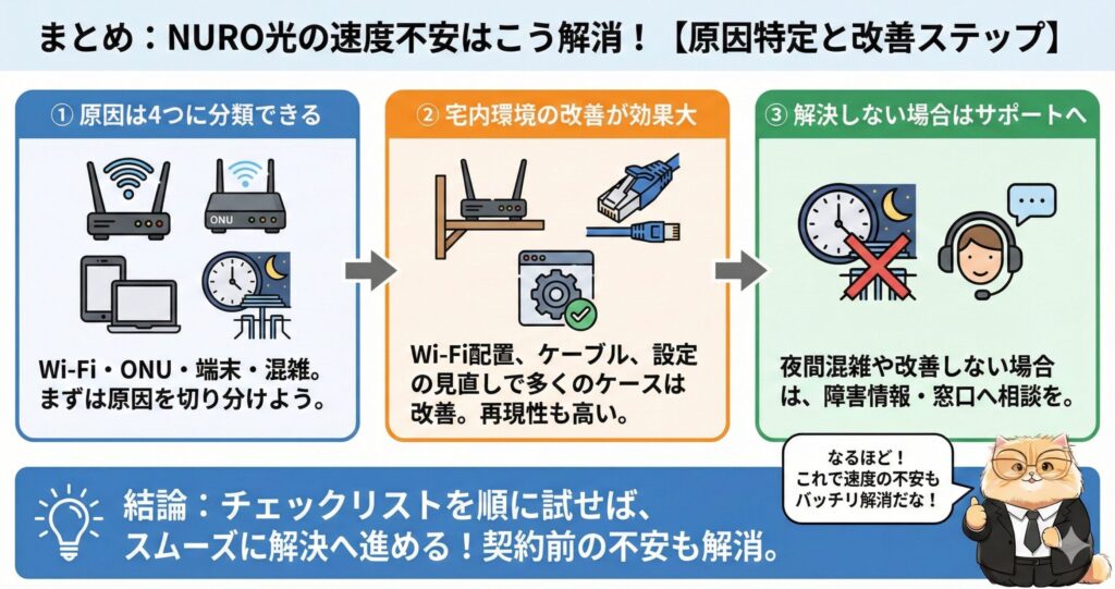 NURO光の速度不安を解消する3つの解決ステップまとめ|原因特定・宅内環境の見直し・サポート相談という改善フローを解説した図解
